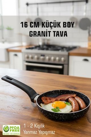 16 Cm Küçük Boy Granit Yanmaz Yapışmaz Kahvaltılık Tava Siyah