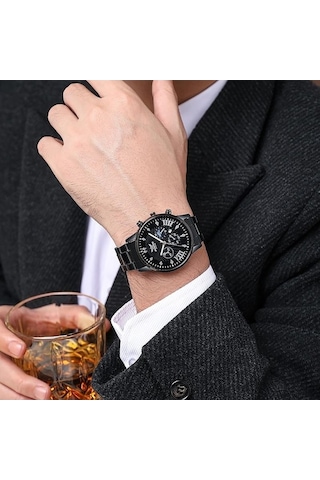 Yingfu Siyah Tarih Göstergeli Paslanmaz Çelik Kuvars Erkek Saati Siyah
