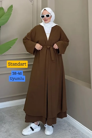 Balenbi Kadın Kuşaklı Kimono Hırka Bol Paça Pantolon Takım Tesettür 2'li Kombin 1230 Kahverengi