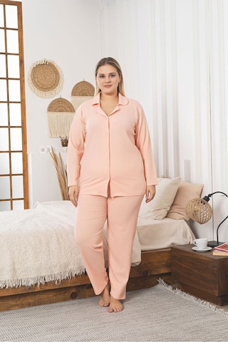 Büyük Beden Boydan Düğmeli Kaşkorse Kumaş Pijama Takımı Somon