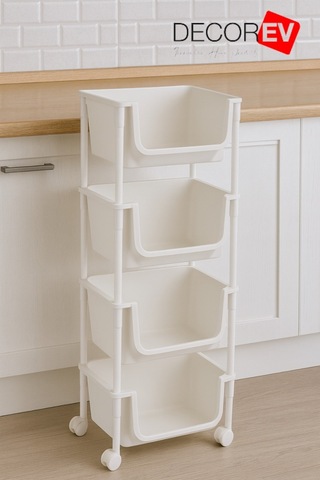 4 Katlı Tekerlekli Plastik Organizer Raf Çok Amaçlı Mutfak, Banyo Ve Ofis Düzenleyici Beyaz Dc-6823 Beyaz