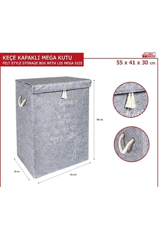 Keçe Kapaklı Kirli Çamaşır Sepeti - Çok Amaçlı Saklama Kutusu Mega Hurç Gri 55 X 41 X 30 Cm Diğer