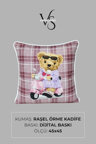 Kırlent Kılıfı 2'li Ayıcık Desenli 45x45 Raşel Örme Kadife Çift Taraflı Dijital Baskı Beyaz Biyeli Çok Renkli