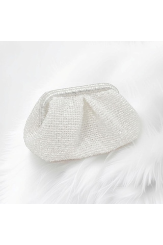 Embahandmde El Yapımı Beyaz Metalik Örgü Clutch Çanta Gelin Çantası Abiye Davet Çantası