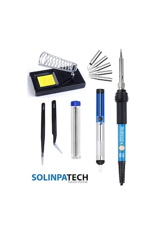 60W Sıcaklık Ayarlı Kalem Havya 5 Adet Uç Stand 2 Adet Cımbız Lehim ve Pompası Seti