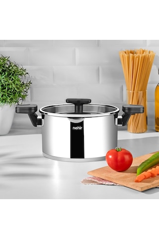 Nehir Roma 24 Cm Paslanmaz Çelik Süzgeç Kapaklı Fonksiyonel Derin Tencere