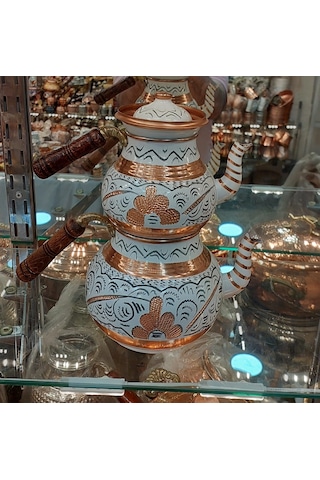 Bakır Çaydanlık El Işlemesi Çiçek Desenli Beyaz Renk İşlemeli Beyaz
