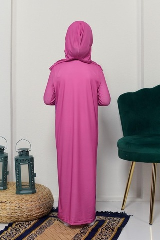 Çocuk Namaz Takımı Pratik Tek Parça Desenli Kollu Tak Çıkar Başörtülü Likralı Tesettür Elbise 6-12 Yaş 925-0201 Koyu Pembe