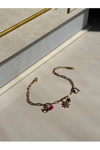 Renkli Taşlı Yıldız Figürlü Altın Kaplama Kadın Çelik Bileklik Altın