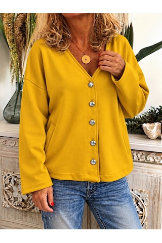 Butik İstanbul Kadın Düğme Detaylı V Yaka Oversize Camel Ceket / Hırka Hardal Sarısı