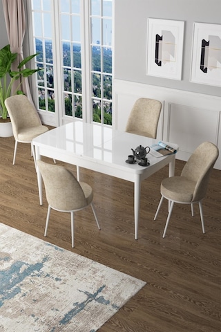 Canisa Concept Zen Serisi 80x132 Mdf Açılabilir Beyaz Masa Takımı Ve 4 Krem Sandalye Beyaz