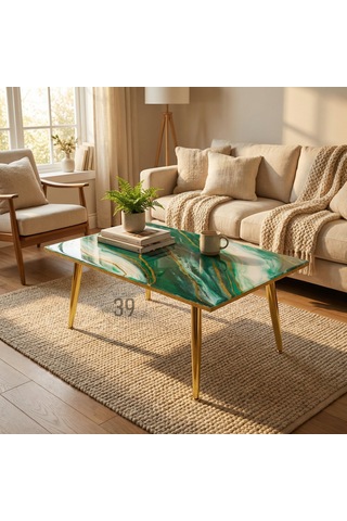 Emerald Regalıa Lüks Geode Epoksi Orta Sehpa 50x70 Cm Altın Detaylı Contemporary Tasarım, Modern Lüks Ev Dekoru Yeşil