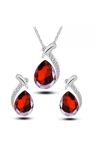 Yeni Collections Damla Taşlı, Trend Zirkon Taş İşlemelitakı Seti Kolye Küpe , Yeni Yıl, Kırmızı