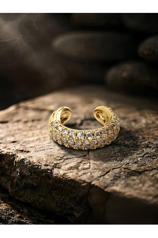 Minimal Işıltılı Zirkon Taşlı Kıkırdak Cuff Gold Renk Küpe Gold