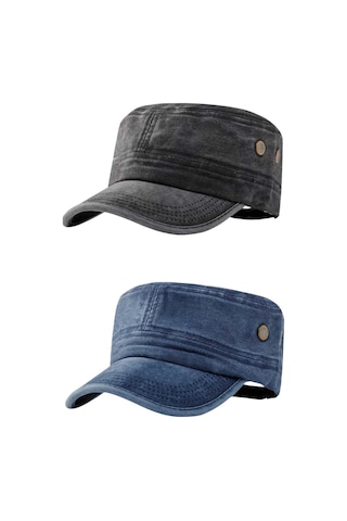 Tezzgelsin Unisex Eskitme Vintage Pamuklu Castro Kep Şapka 2'li Set Siyah - Lacivert