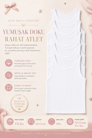 Nicoletta Kız Çocuk Atlet Geniş Askılı 5 Li Paket Likralı Beyaz