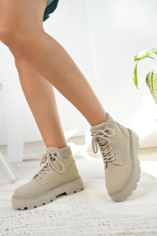 Nesil Shoes Mugo 504 Ten Süet Bağcıklı Kadın Bot-ten Süet Ten
