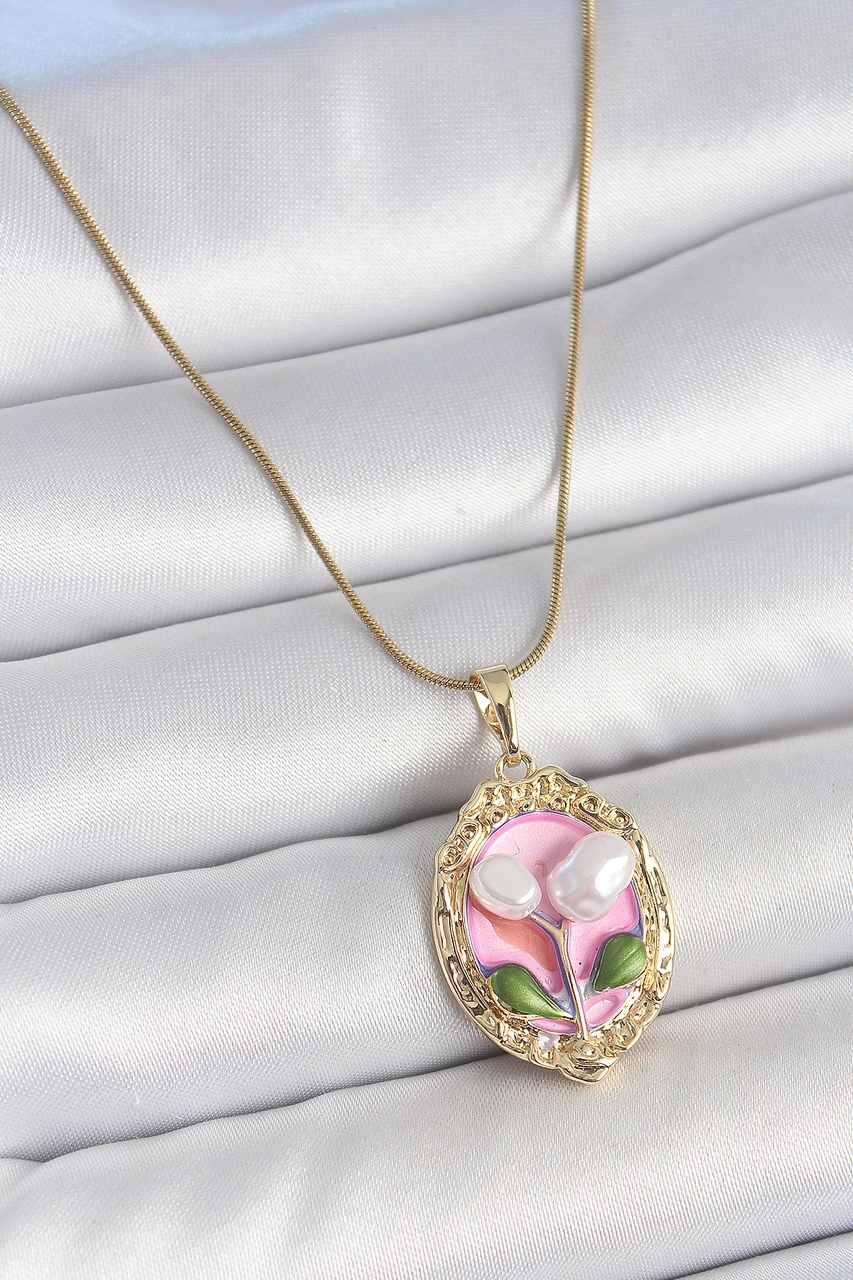 316l Çelik Gold Renk Zincir Pembe Mineli İncili Çiçek İşlemeli Portre Model Kadın Kolye - Tj-bko10148 Çok renkli