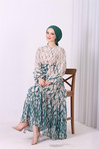 Neşeli Butik Kadın Şifon Eteği Fırfırlı Desenli Tesettür Elbise Sms008 Yeşil