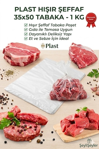 Şeylişeyler - Plast 35x50 Cm Şeffaf Kasap Poşeti 1 Kg - Deliksiz Sızdırmaz Hışır Tabaka Poşet
