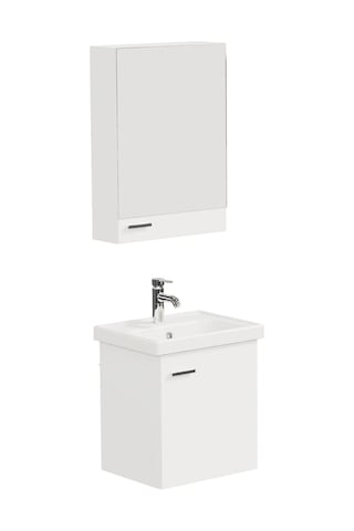 Aqua Bagno Basic Alt Dolap + Üst Dolap -lavabo Dahil-beyaz ,50 Cm. 3 Parça Beyaz