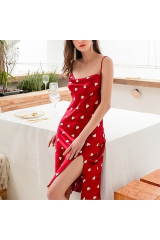 Sones Yaz Aşk-kalp Desenli Gecelik Taklit İpek Uzun Askılı Elbise Bayanlar İçin Kırmızı