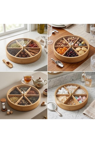 Deconox 30 Cm Bambu Bölmeli Sunumluk - Kristal Kulplu Kırılmaz Şeffaf Kapaklı Çerezlik, Kahvaltılık Ve Draje Tab Diğer