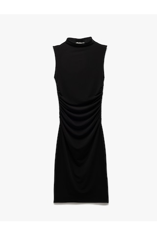 Koton Hafif Dik Yaka Kolsuz Drapeli Slim Fit Midi Kalem Elbise Siyah 5sak80023ek Siyah