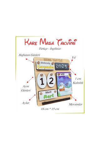Ahşap Kare Masa Takvimi Türkçe İngilizce Öğrenimi