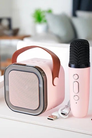 Thentech Karaoke Mikrofonlu Rgb Işıklı Küçük Portatif Rahat Taşınabilir Şarjlı Bluetooth Hoparlör Kablosuz Bej