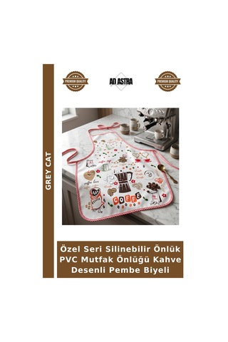 Özel Seri Silinebilir Önlük Pvc Mutfak Önlüğü Kahve Desenli Pembe Biyeli Çok Renkli