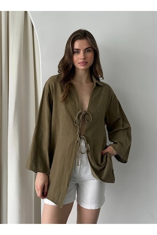Olive %100 Keten Bağcık Detaylı Kimono Bluz - 5218 Yağ Yeşili