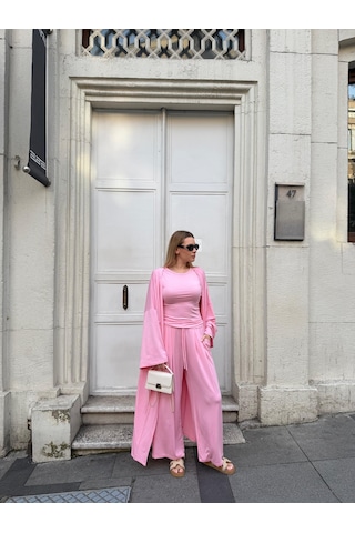 Bonacosa Kadın Viskon 3 Lü Takım Kimono + Beli Lastikli Salaş Pantolon + Kısa Kol Tshirt 8 Renk Pembe