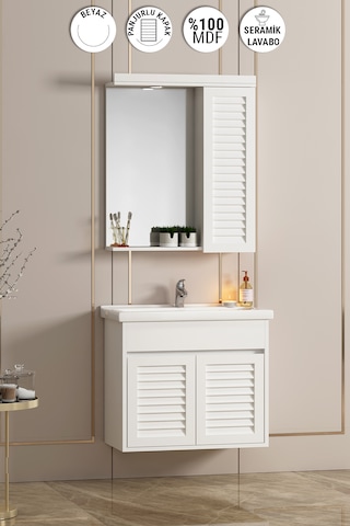 Çuha 55 Cm Beyaz Mdf Panjurlu Asma Banyo Dolabı Takımı Beyaz
