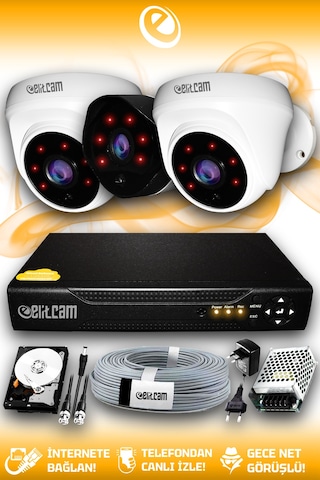 Elitcam 3 Kameralı Uzay 2 İç Kamera Set 320 GB HDD Full HD Gece Görüşlü Güvenlik Kamerası Sistemi