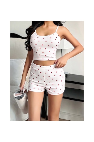 Mr Owl Kadın Beyaz Kalp Desenli Askılı Şortlu Pijama Takımı