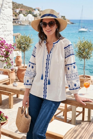Lela Nakış Işlemeli Pamuklu Oversize Fit Bağlamalı V Yaka Bayan Bluz 676271 Ekru