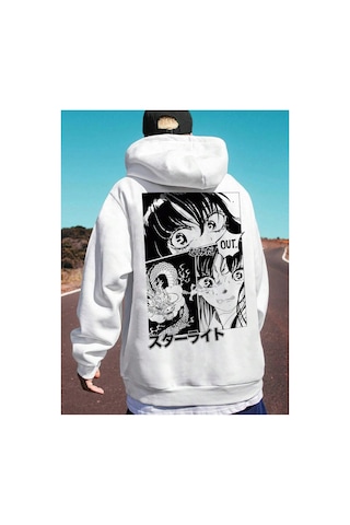 Tarzsokak Unisex Kadın/erkek Beyaz Anime Out Baskılı Oversize Kapüşonlu Sweatshirt