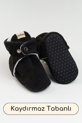 Organik Pamuk Astarlı, Bebek İlk Adım Ayakkabısı, Kaydırmaz Taban, Bebek Pandufu, Bebek Patik Siyah Siyah