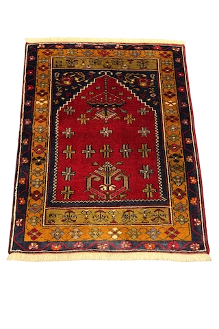 El Dokuma Küçük Yahyalı Halısı Seccade 87x110 Kırmızı %100 Yün Kök Boya Seccade Kırmızı