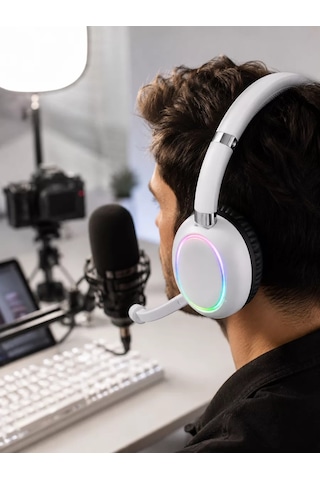 Northcity Beyaz Bluetooth 5.0 Mikrofonlu Kablosuz Kulak Üstü Kulaklık Rgb Işıklı Type-c Şarjlı