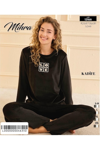 Mihra Kadın Kışlık Bisiklet Yaka Kadife Pijama Takımı 13166s - 1 Adet Siyah