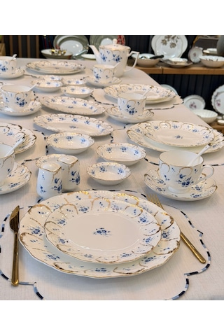 44 Parça Queen Blue Porselen Kahvaltı Takımı -6031 Beyaz