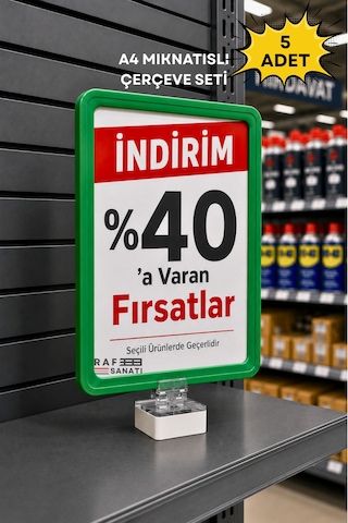 5 Adet - A4 Güçlü Mıknatıs Tutuculu Fiyatlık Etiketlik Dikey Yatay Ve Bilgilendirme Çerçevesi Yeşil 1