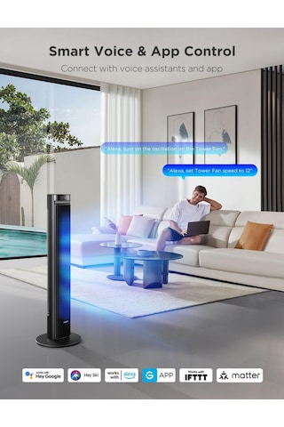 42 Inç Sessiz Akıllı Kule Vantilatör, 12 Hız, Wifi, Alexa, Uzaktan Kumanda
