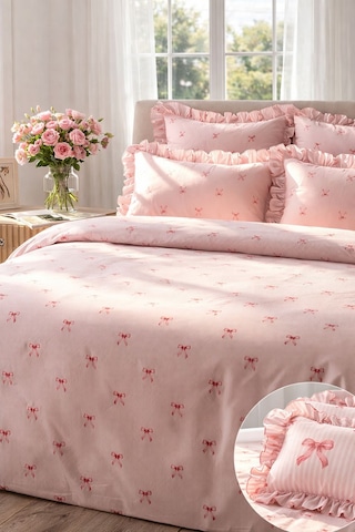 Uçkan Home %100 Pamuklu Fiyonk Desen Fırfırlı Çift Kişilik Nevresim Seti---94