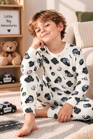 Free Beka Araba Desenli Bisiklet Yaka %100 Pamuklu İnterlok Kumaş Erkek Çocuk Uzun Kollu Pijama Takımı Ekru