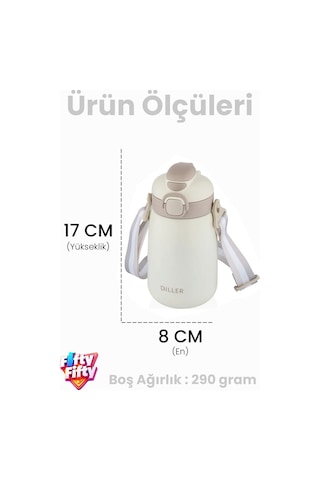 Dıller 420 Ml Pipetli/pipetsiz Tek Kapak Çift Kullanım Askılı Çelik Termos Su Matarası 6 Saat Sıcak/soğuk Beyaz