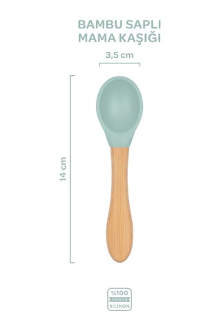 Silikon Beslenme Seti 3'lü Spring Yeşil / Mama Tabağı, Bambu Saplı Mama Kaşığı Ve Çatalı