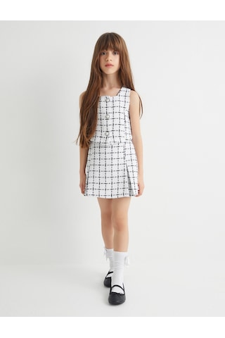 Koton Tüvit Şort Etek Ekoseli Beli Lastikli Ekru Çizgili 4skg40125aw Ekru